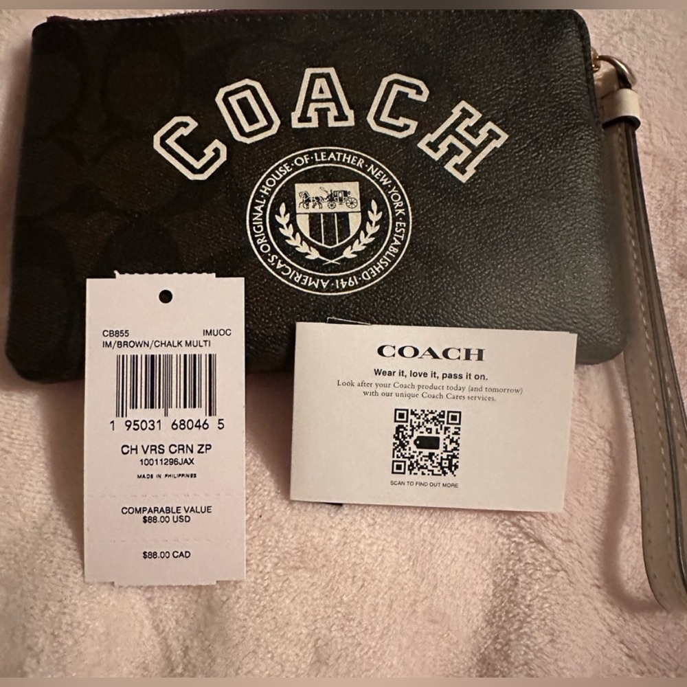 COACH Varsity Motif Corner Zip Wristlet Signature Black Canvas